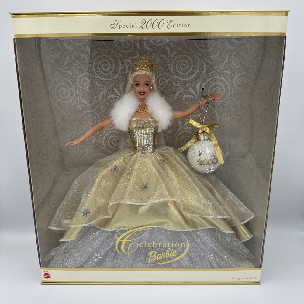 Vintage 2000 Holiday Celebration Barbie Doll Gold Dress Mattel 28269 NRFB